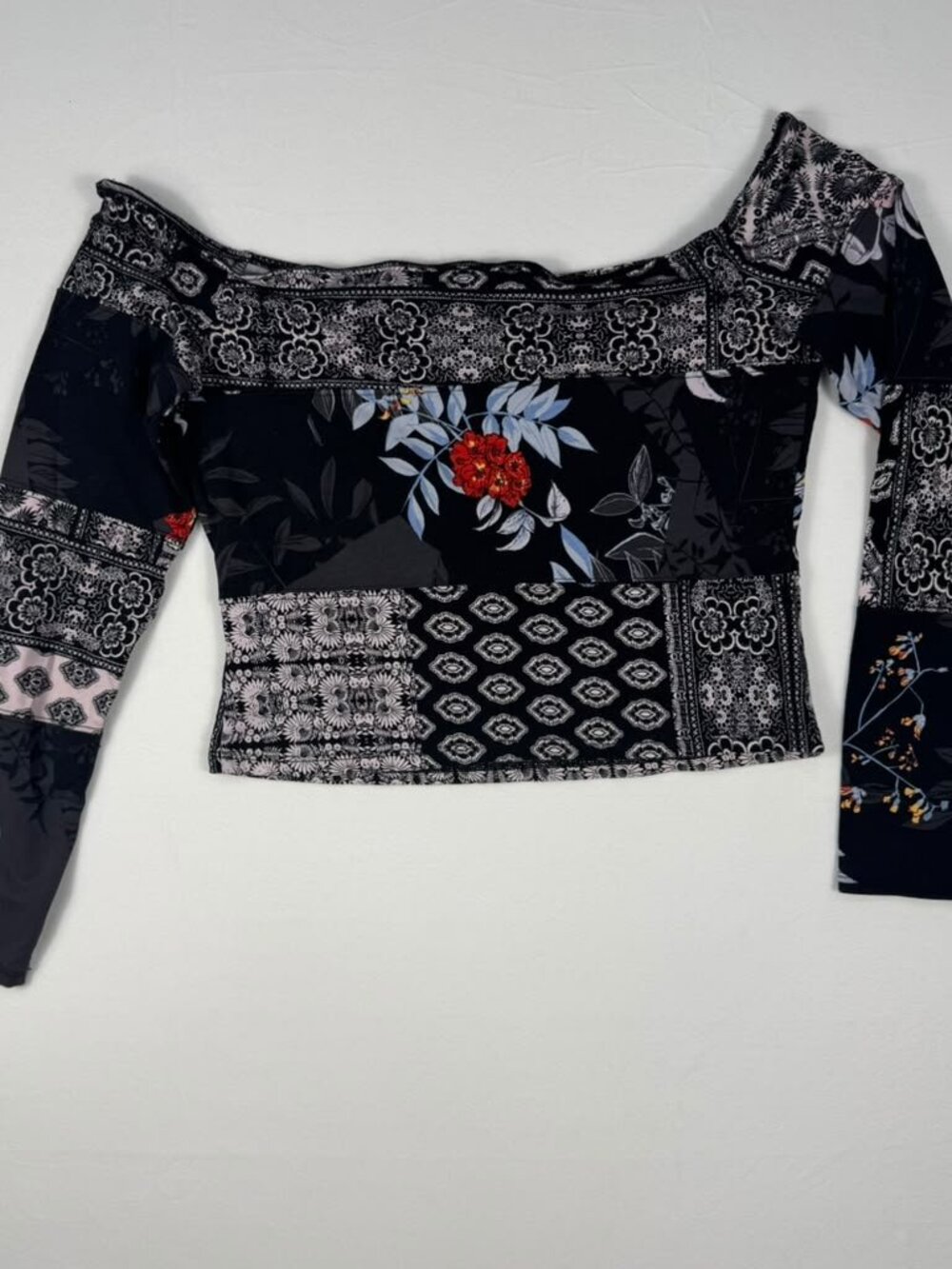 GUESS Patchwork Floral Off Shoulder Crop Top Long
